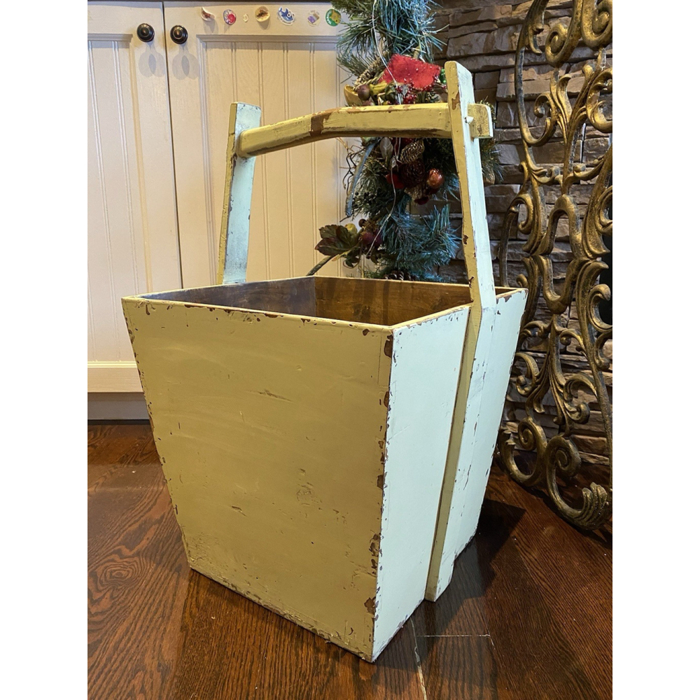 Antique Vintage Wood Green Square Handle Bucket Grain Bucket Decor